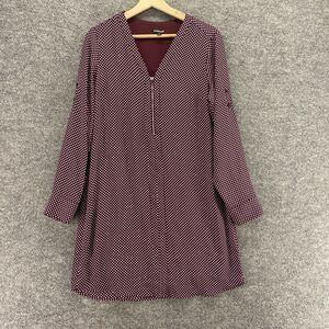 Express Dress, Red Polka Dot Shift Short Zipper V-Neck Long Sleeve